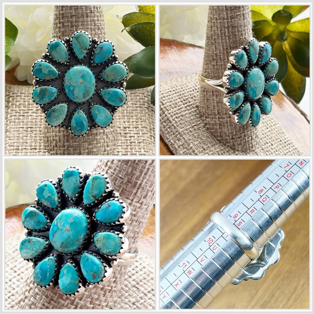 Pure Sterling Silver 925 Kingman Turquoise Cluster Ring 9.25 9 1/4 Navajo Style - Picture 8 of 10